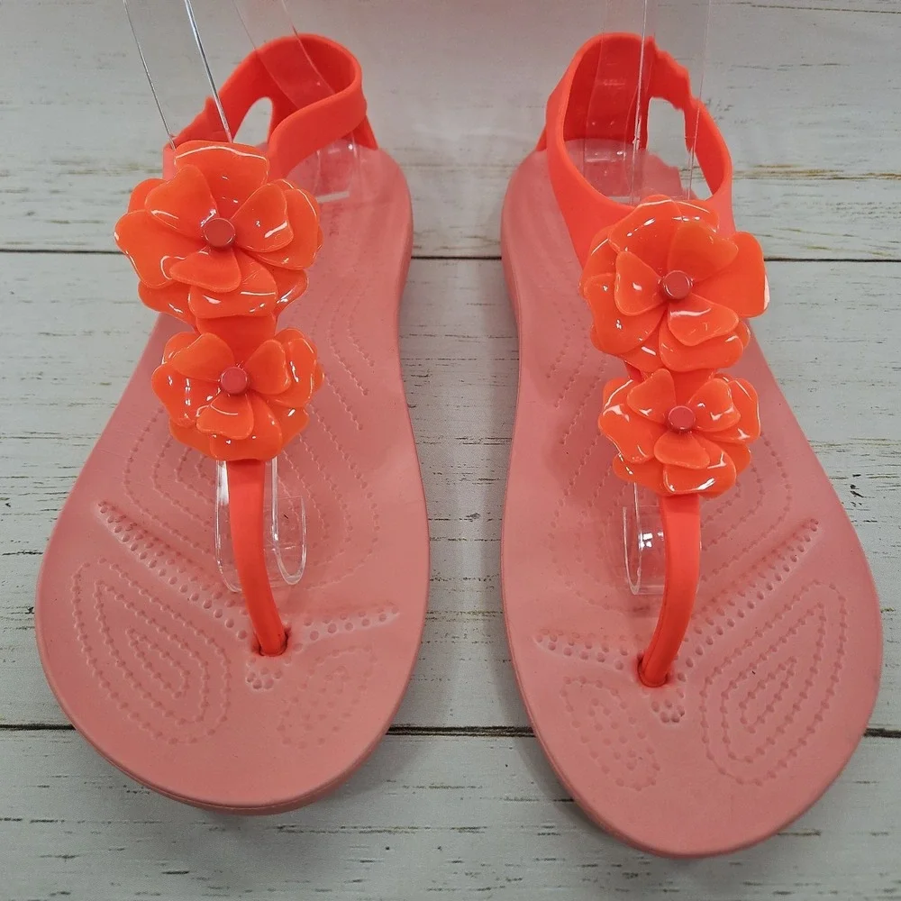 Crocs Serena Embellished Flower Sandals  Womens 9‎ Coral Orange Thong Flip Flop
